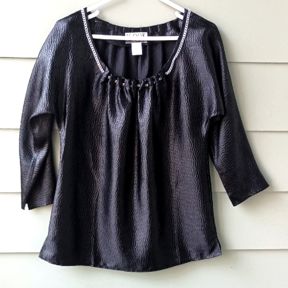 Randolph Duke Women's Black Soop Neck Embellished Tunic Style Blouse Sz 8 NWOT